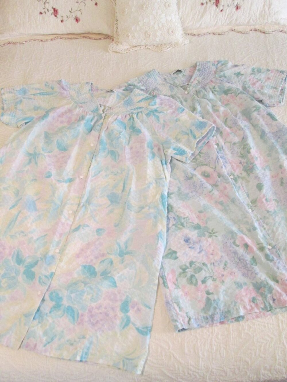 Lot of 2 Vintage Miss Elaine Floral Seersucker Snap Front House Dress Robe 2X/3X